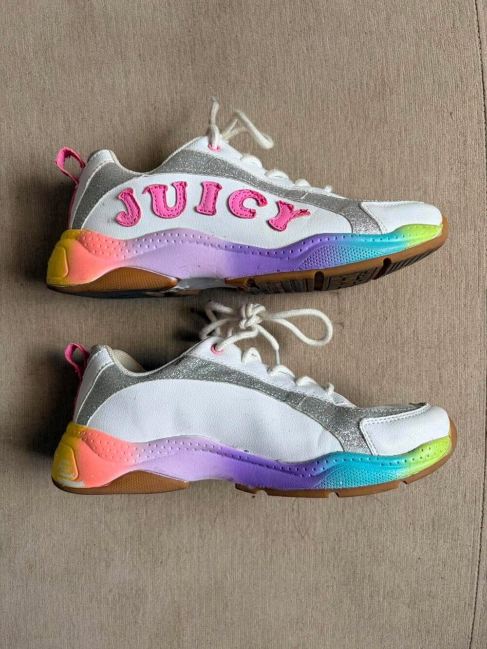 Juicy Couture Deluxe Rainbow Platform Sneakers | White Glitter Y2K